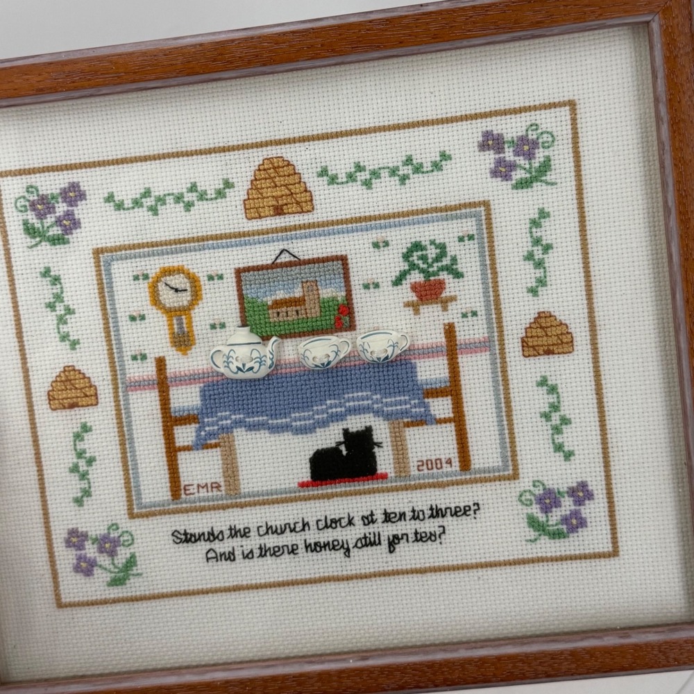1.a.0.0.7.6 Vtg Framed Cross Stitch Tea Sampler 3D Teapot Cat Church Cottagecore